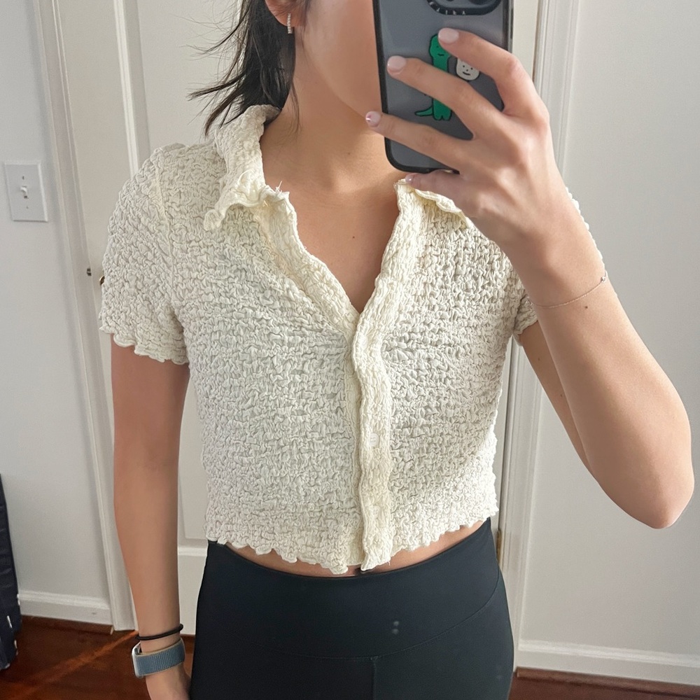 Lulus Textured Button-up Top Cream